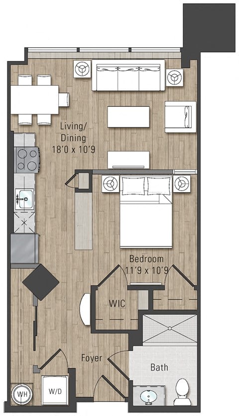 Floor plan for 1 bed, 1 bath, 635 sqft